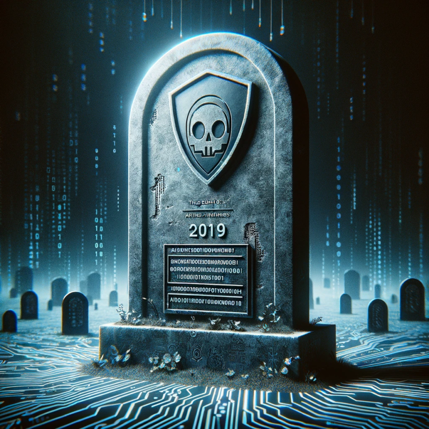 GPT Here is an image representing the concept of 'The Death of Antivirus', featuring a tombstone. The design depicts a digital-themed tombstone symbolizing the obsolescence of traditional antivirus software, complete with engravings such as an outdated antivirus logo and binary code.