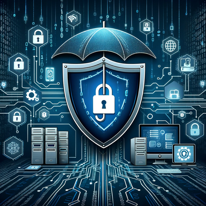 GPT Here is an image representing the concept of cyber insurance. The design features a shield or umbrella symbolizing protection, adorned with digital elements like binary code, padlocks, and network icons.