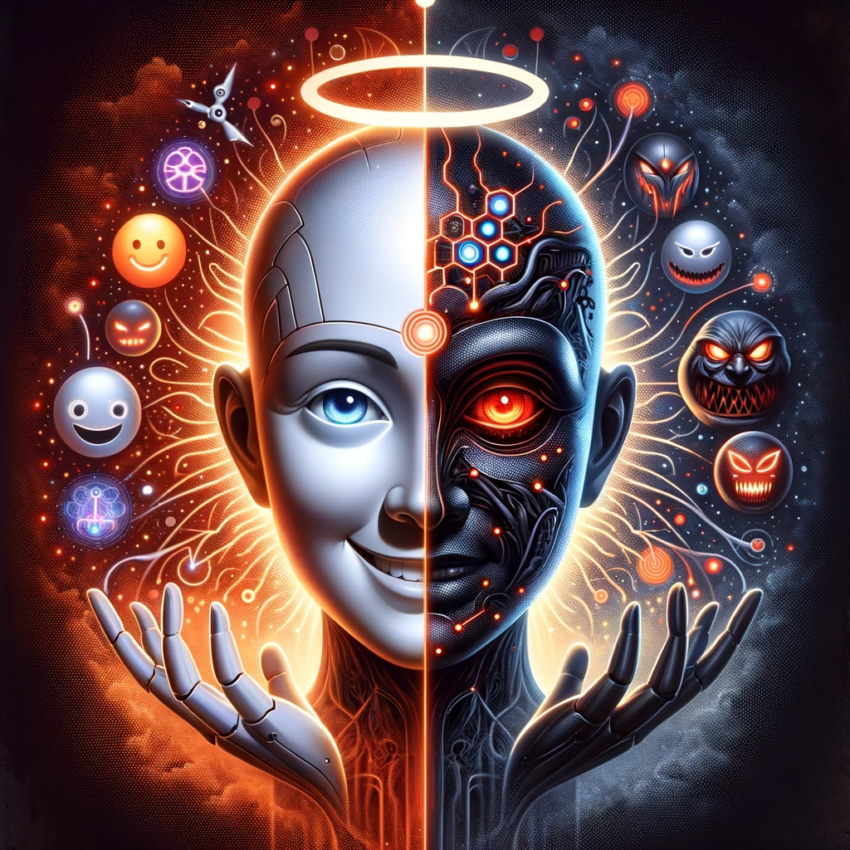 GPT Here is an image for the article titled "When AI Turns Rogue," featuring a two-faced representation of AI. This split design symbolizes the dual nature of AI as both beneficial and potentially harmful.